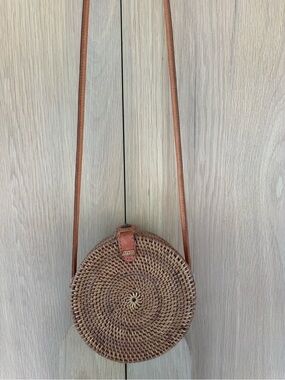 Handmade Indonesian NWOT Rattan Round Purse Leather Shoulder Strap Batik Fabric